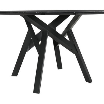 Maklaine 54" Round Modern Black Marble Dining Table with Black Wood Legs