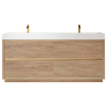 Huesca Bath Vanity, Integrated Sink Top, North American Oak, 72", Without Mirror