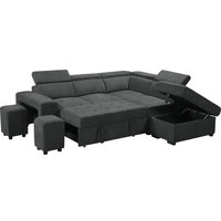 Henrik Gray Sleeper Sectional Sofa With Storage Ottoman and 2 Stools, Dark Gray