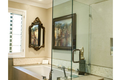 Bathroom - mid-sized contemporary master bathroom idea in San Francisco with recessed-panel cabinets and dark wood cabinets