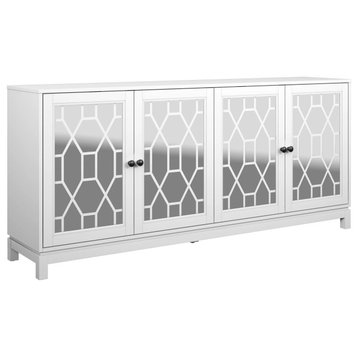 Contemporary Sideboard, Glamorous Mirrored Doors With Geometric Accents, White