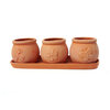 Terracotta Clay Small Round Embossed Earthenware Planters and Tray, Set of 3