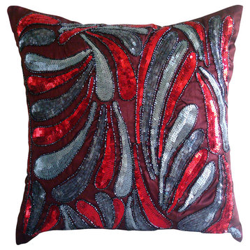 Metallic Sequins Red Pillow Shams, Art Silk 24"x24" Pillow Shams, Royal Spalsh
