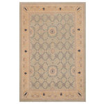 Bareens Designer Rugs - Shabby Chic Ziegler Paola Green Tan Hand-Knotted Wool Rug - 8'10'' x 11'10'' - Enhance the ambiance of your home with this magnificent Persian-influenced Turkish hand-knotted rug made by skilled artisans capable of creating the most exceptional vegetable dyes and hand-spun wool. This exquisite handmade rug is a one-of-a-kind Peshawar Kafkaz, otherwise identified as Chobi, Chobi Peshawar, Oushak, or Ziegler rug. These handmade rugs are crafted in Pakistan utilizing superior-quality wool imported from Australia, New Zealand, and Korea in two types of weaves: the Persian weave and the Mori weave. This rug is meticulously crafted by hand using the finest natural vegetable dyes extracted from local plants. The artisans use a blend of hand-spun local and fine merino wool, resulting in a rug with a compelling texture, higher lanolin content, and longer staple. The artisans occasionally incorporate natural or artificial silk into the pile to enhance specific motifs. The finished product is an awe-inspiring execution of flawless design and an understated palette that exudes elegance.