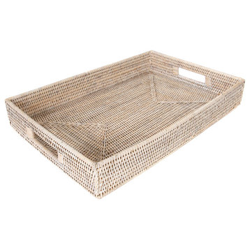 Artifacts Rattan Rectangular Tray With Cutout Handles, White Wash, Large