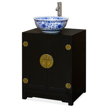 Elmwood Chinese Ming Vanity Cabinet, Black, With Bowl and Faucet