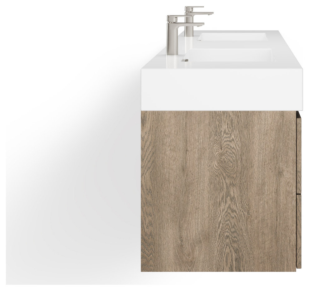 Bliss Bath Vanity, Butternut, 72", Double Sink, Wall Mount