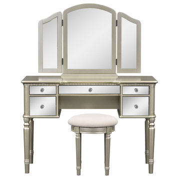 43" Dressing Table Set, Mirrored Drawers and Stool, Tri-fold Mirror, Gold