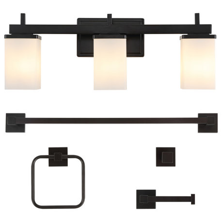 3-Light Modern Vanity, Frosted Glass Shades, Bathroom Accessory Set, 5-Piece