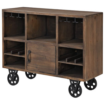 Industrial Kitchen Cart, Factory Style Wheels and Wine Rack, Rustic Brown Finish