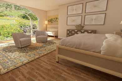 Foto de dormitorio principal grande con paredes multicolor, suelo de madera clara, suelo marrón y madera