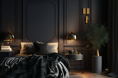 Imagen de dormitorio principal clásico pequeño con paredes negras, suelo de madera pintada y boiserie