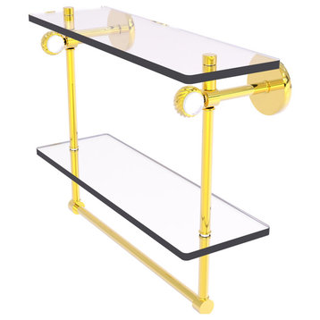 Clearview 16" Twist Accent Double Glass Shelf with Towel Bar, Polished Brass