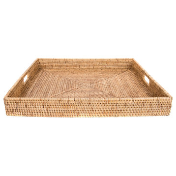 Artifacts Rattan™ Square Ottoman Tray with Cutout Handles, Honey Brown, 24"x24"