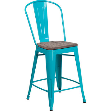 24" High Crystal Teal-Blue Metal Counter Height Stool With Back and Wood Seat