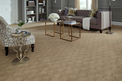 Example of a mid-sized classic formal and enclosed carpeted and beige floor living room design in Other with gray walls and no tv