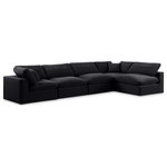 Meridian Furniture - Comfy Upholstered L-Shaped Modular Sectional, Black, 5-Piece: 3 Armless Chair, 2 Corner Chair, Velvet - Give your space a whole new look with this black Comfy velvet sectional. This handsome sectional fits nicely with other items in the Comfy collection and is a versatile seating option designed for adaptability, comfort and style. Wrapped in rich black durable velvet upholstery, this sectional offers a plush embrace of overstuffed down feather cushions, carefully crafted to deliver the highest level of comfort. The perfect seat for creating an oasis for relaxation, this sectional has thick foam surrounding its frame for added support and coziness.
