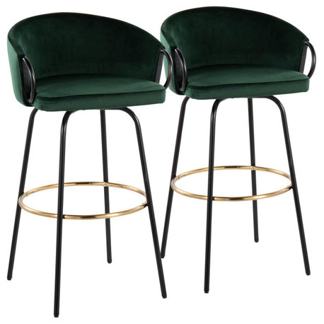 Claire Barstool, Set of 2, Black Metal, Gold Metal, Emerald Green Velvet