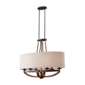 Six Light Beige Linen Shade Rustic Iron/burnished Wood Drum Shade Chan