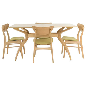 5 Pieces Dining Set, Large Table With Curved Legs & Padded Chairs, Natural Oak