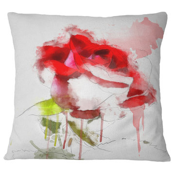 Red Rose Sketch With Red Splashes Floral Throw Pillow, 18"x18"