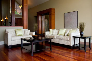 Large transitional formal and open concept dark wood floor living room photo in DC Metro with black walls, no fireplace and no tv