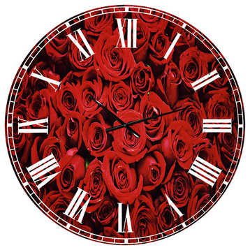 Winter Red Rose Floral Round Metal Wall Clock, 36x36