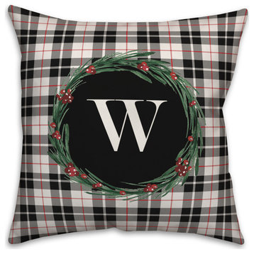 Black Plaid Monogram Wreath W 18x18 Spun Poly Pillow