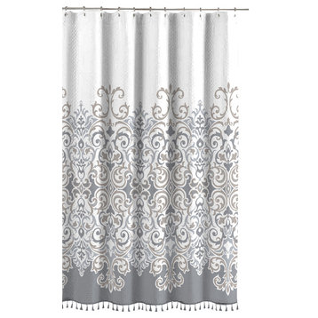 Decorative Floral Fabric Shower Curtain, Elegant Gray, Bronze, White With Fringe