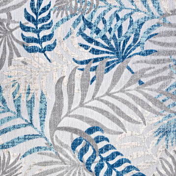 Tropics Palm Leaves Indoor/Outdoor Area Rug, Gray/Blue, 6' Square