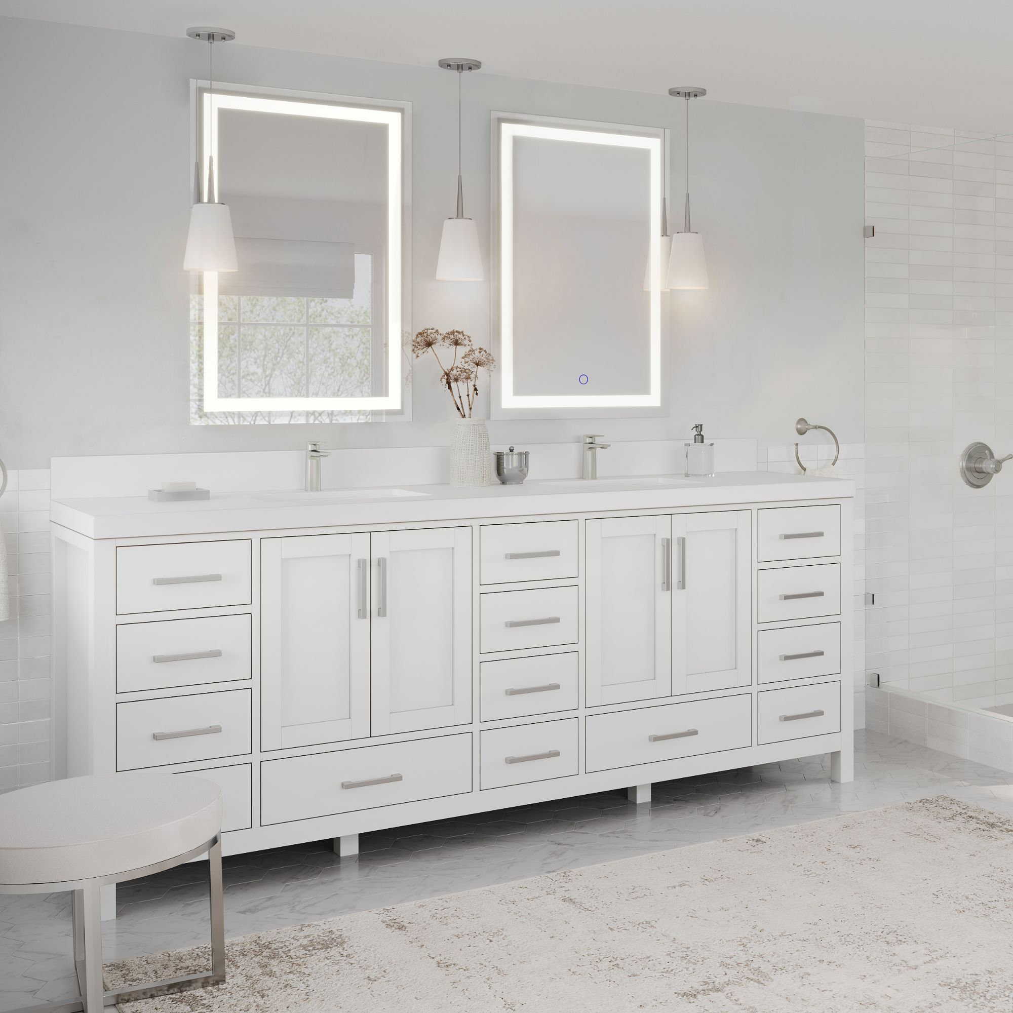 Preston Bath Vanity, White, 84", White Quartz Top, Double, Freestanding