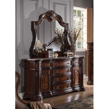 Barney's Traditional Walnut Dresser and Mirror With Marble, 2-Piece Set
