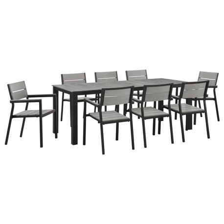Maine 9-Piece Outdoor Aluminum Dining Set, Brown Gray