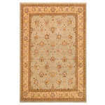 Bareens Designer Rugs - Bohemien Ziegler Green Tan Hand-Knotted Wool Rug - 8'7'' x 11'9'' - Enhance the ambiance of your home with this magnificent Persian-influenced Turkish hand-knotted rug made by skilled artisans capable of creating the most exceptional vegetable dyes and hand-spun wool. This exquisite handmade rug is a one-of-a-kind Peshawar Kafkaz, otherwise identified as Chobi, Chobi Peshawar, Oushak, or Ziegler rug. These handmade rugs are crafted in Pakistan utilizing superior-quality wool imported from Australia, New Zealand, and Korea in two types of weaves: the Persian weave and the Mori weave. This rug is meticulously crafted by hand using the finest natural vegetable dyes extracted from local plants. The artisans use a blend of hand-spun local and fine merino wool, resulting in a rug with a compelling texture, higher lanolin content, and longer staple. The artisans occasionally incorporate natural or artificial silk into the pile to enhance specific motifs. The finished product is an awe-inspiring execution of flawless design and an understated palette that exudes elegance.