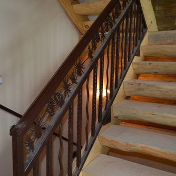 No post Stair and Railing for unique New Hampshire Ski Lodge Log Home