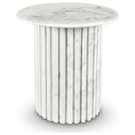 Meridian Furniture - Genoa Marble End / Side Table, White - Add a refined look to your room with this handcrafted white Genoa end table, a stunning masterpiece that marries elegance and practicality. Crafted from genuine marble, each table is a unique work of art, featuring a white marble top with intricate white veining. The fluted marble base adds a touch of art deco design, making it a statement piece in any room and adding to its heirloom-quality design.