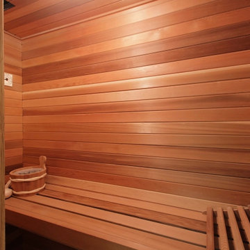 Spanish Transitional Primary Bath with Private Wood Dry Sauna