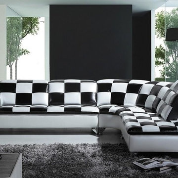 Black and White Checkered Leather Sectional Sofa