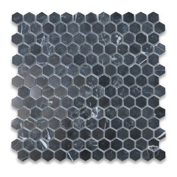 Stone Center Online - Nero Marquina Black Marble 1 inch Hexagon Mosaic Tile Polished, 1 sheet - Mosaic Tile