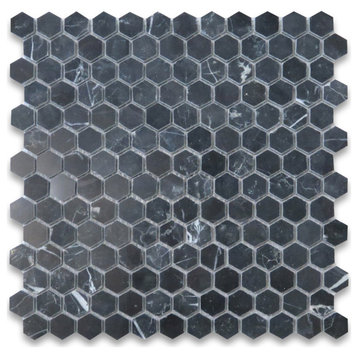 Nero Marquina Black Marble 1 inch Hexagon Mosaic Tile Polished, 1 sheet