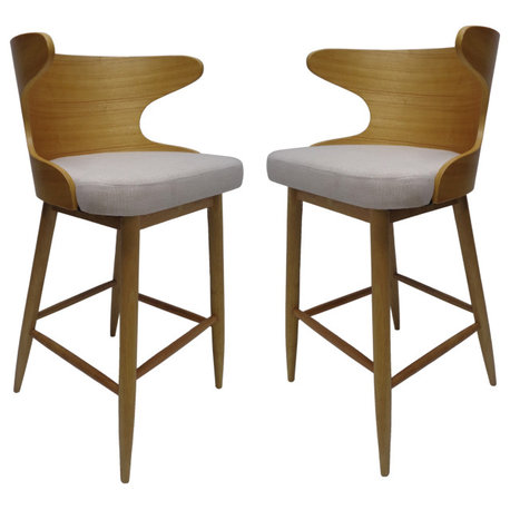 GDF Studio Truda Mid Century Modern Fabric Barstools, Set of 2, Light Beige/Natural