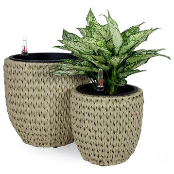 2-Pack Catleza Self-watering Wicker Planter - Garden Decoration Pot - Round , White