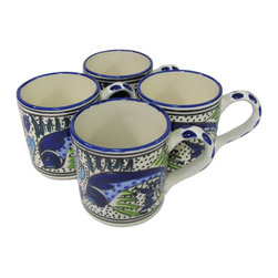 Le Souk Ceramique - Stoneware Coffee Mugs, Set of 4, Aqua Fish Design - Coffee And Tea Saucers