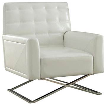 ACME Rafael Tufted Accent Chair in White Faux Leather and Stainless Steel
