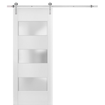 Barn Door 42 x 84 Frosted Glass, Lucia 4070 White Silk Silver 8FT Rail Kit