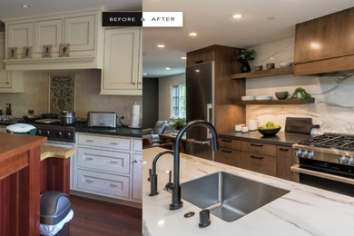 Example of a trendy single-wall light wood floor and beige floor open concept kitchen design in San Francisco with an undermount sink, flat-panel cabinets, dark wood cabinets, quartz countertops, white backsplash, stone slab backsplash, stainless steel appliances, an island and gray countertops