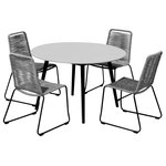 Armen Living - Sydney and Shasta 5 Piece Patio Outdoor Dining Set, Rope Black Eucalyptus Wood - The Sydney and Shasta 5 Piece Patio Outdoor Dining Set in Rope with Black Eucalyptus Wood elevates your outdoor space with a touch of modern flair. The mixed materials work well together and create a fun and cohesive dining set for your front porch, back yard, pool side space, or patio. Constructed from eucalyptus wood and a grey super stone top, the 47-inch round dining table is a modern addition that easily fits into any space. This patio dining table features sleek tapered wood legs that allow for ample leg room. One of the best reasons to choose Eucalyptus wood for your outdoor furniture or four-seasons porch is that it is exceptionally resistant to decay and rot. It naturally resists the influence of moisture because of the high oil content it naturally contains. That means it can get damp without you worrying about whether damage will occur. It can withstand several different outdoor elements while lasting for many years if it receives proper care. Defined by functional simplicity and timeless beauty, the dining table delivers a harmony of natural textures to complement any outdoor space. The stone top features a 5-layer composite with 2 layers of cement fiberboard surrounding the aluminum honeycomb core. This beautiful tabletop is durable and robust - capable of withstanding inclement weather and everyday wear and tear. The intricately woven rope featured on the durable metal frame of the Shasta dining chairs form to offer you extreme comfort and relaxation. These outdoor chairs are wrapped in resilient regatta rope cording, providing supple support while still allowing for element passthrough - also enhancing your seating experience with a softness that rivals most fabrics. Each chair is made with the best craftsmanship, with these chairs standing on top of durable metal legs in a black finish for a modern look. For use indoors and out, the soft UV coated nylon cords are hand dyed resulting in subtle tonal variations. The Sydney and Shasta dining set is available in a black eucalyptus finish on the table with a 47 inch round grey stone top, and your choice of black, grey, brick red, wasabi, or tangerine Shasta dining chairs.