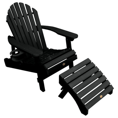 Hamilton Reclining Adirondack Chair Ottoman and Cup Holder, Black