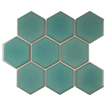 4 x 4 Hexagon Porcelain Mosaic Tile Backsplash, Satin, Green