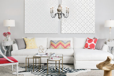 Trendy carpeted living room photo in Houston with gray walls